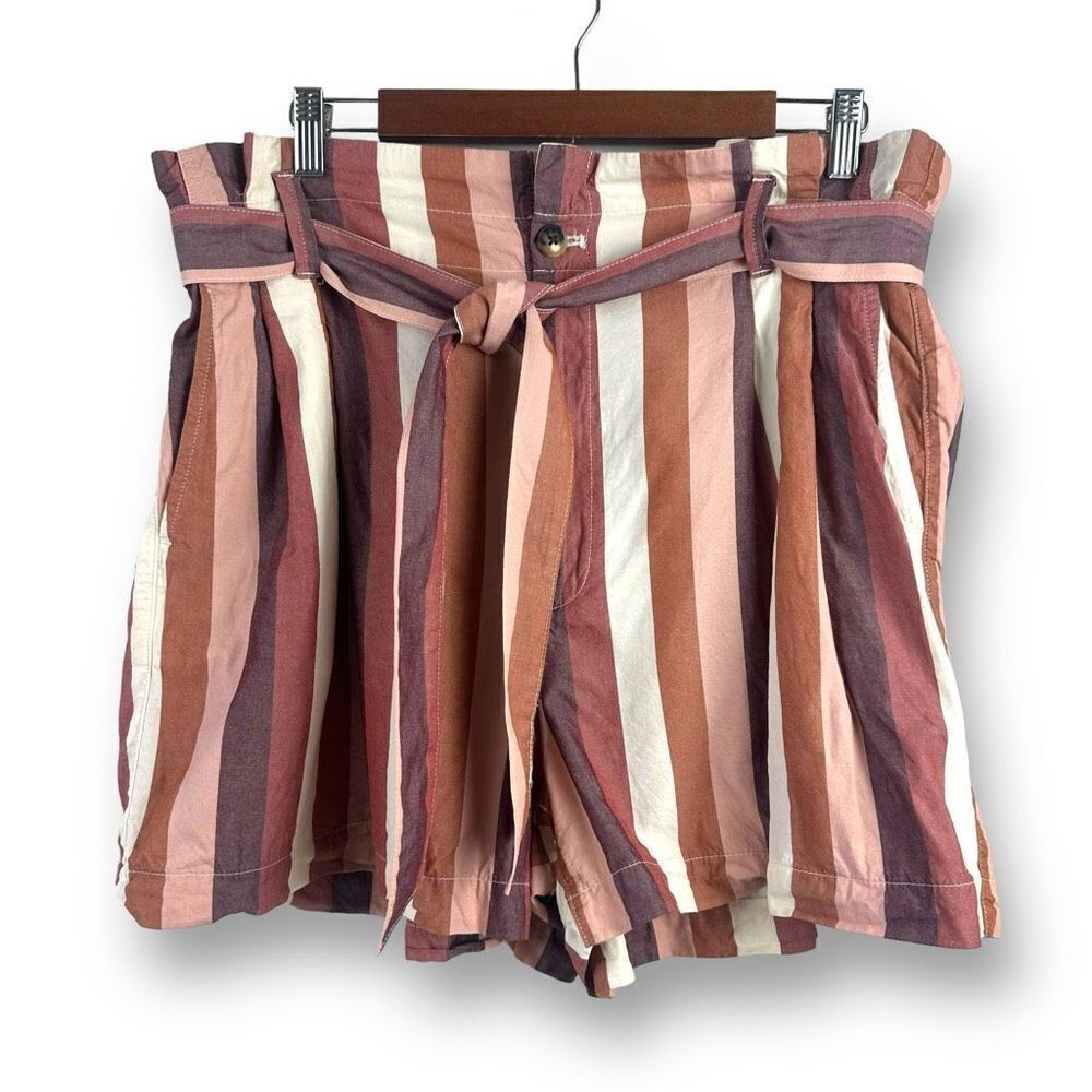 Madewell Womens 14 High Waist Paperbag Shorts Rainbow Stripe Belted Cotton Linen